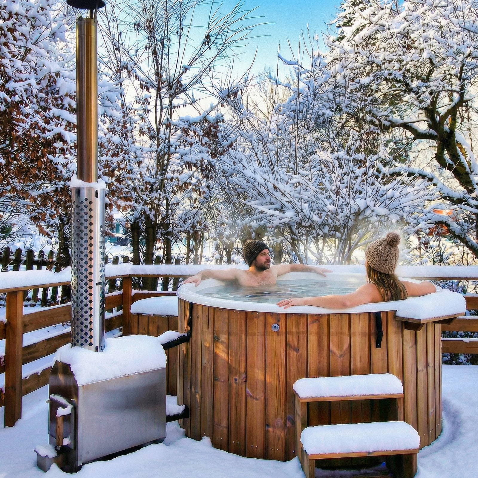 Bain nordique sous la neige, couple en bonnets