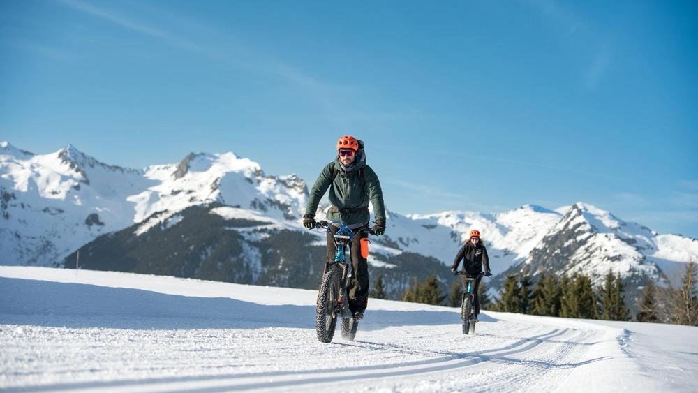Trottinette électrique tout-terrain sur la neige avec sommets enneigés